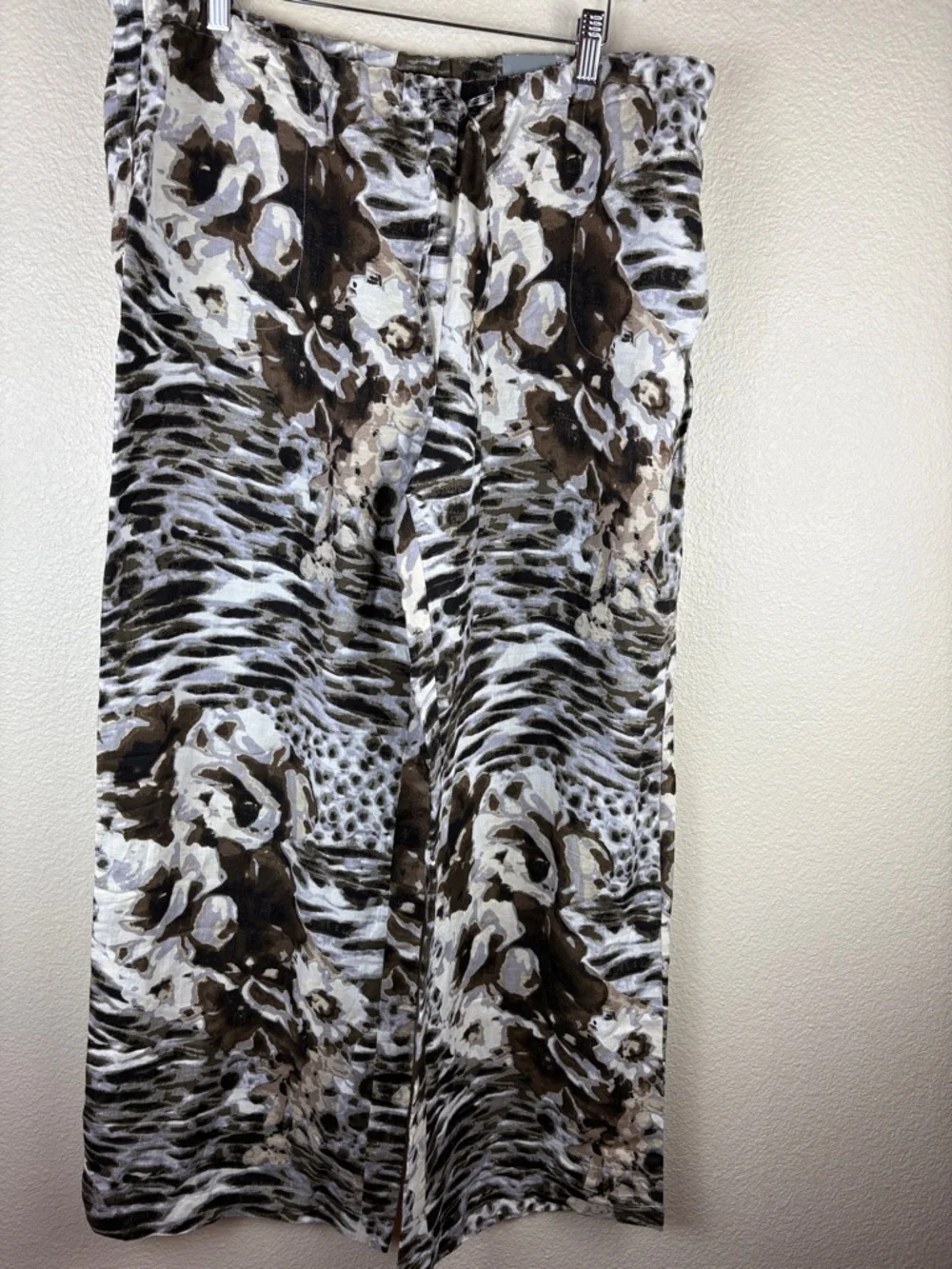 Chico's Linen Blend Leopard Print Wide Leg Pants Drawstring Elastic Waist 3/Lge